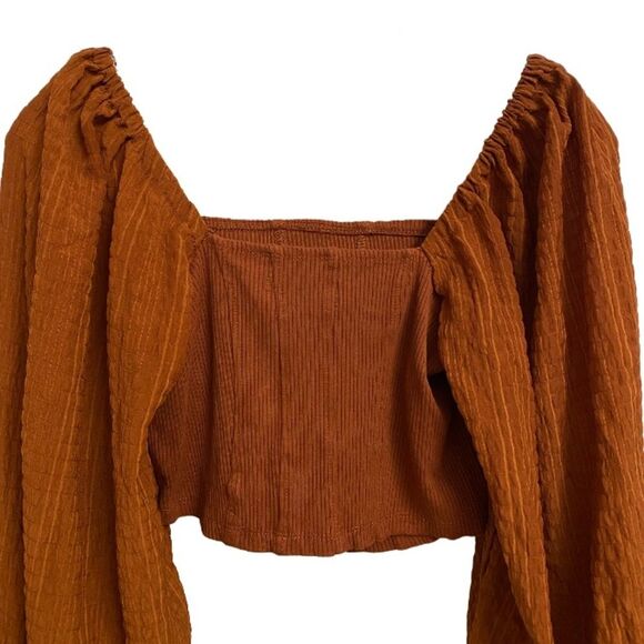 Urban Outfitters Claudia Cropped Top Blouse Size M Balloon Sleeves Rust Orange - Picture 11 of 15